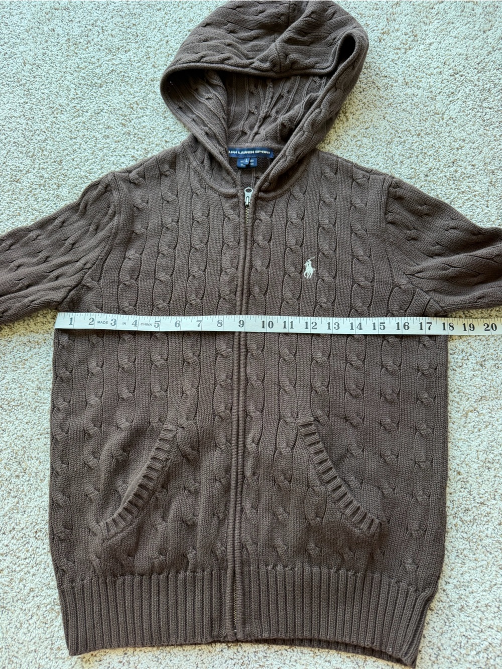 Ralph Lauren Brown Cable-Knit Zip Hoodie Sweater - Picture 9 of 11